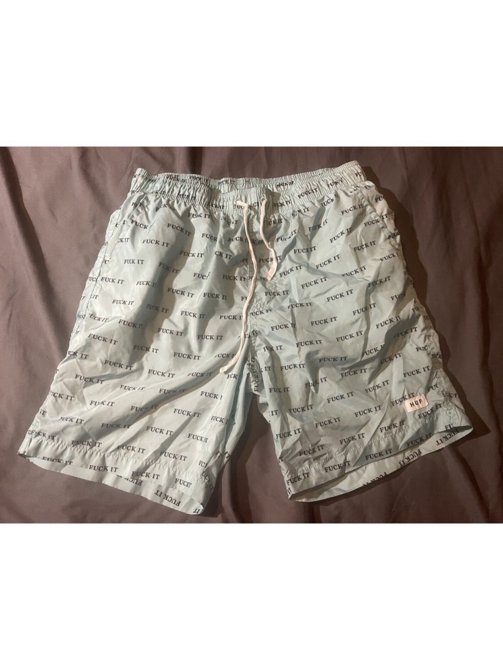 HUF Pale Blue All-Over 'F*** It' Print Swim Shorts